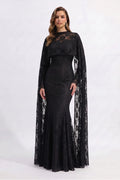 Lila Cape Sleeve Lace Mermaid Maxi Dress-Black
