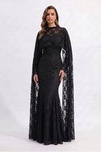 Lila Cape Sleeve Lace Mermaid Maxi Dress-Black