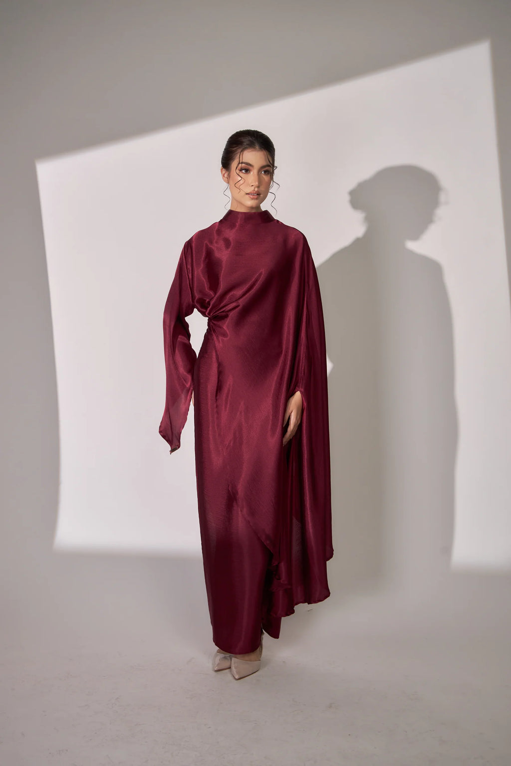 Nurul High Neck Twist Wrap Satin Abaya-Red