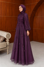 Chloe Floral Applique Organza Maxi Dress-Purple