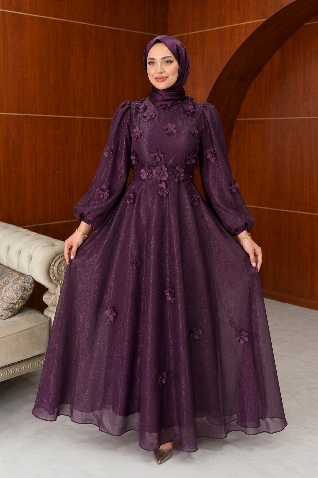 Chloe Floral Applique Organza Maxi Dress-Purple