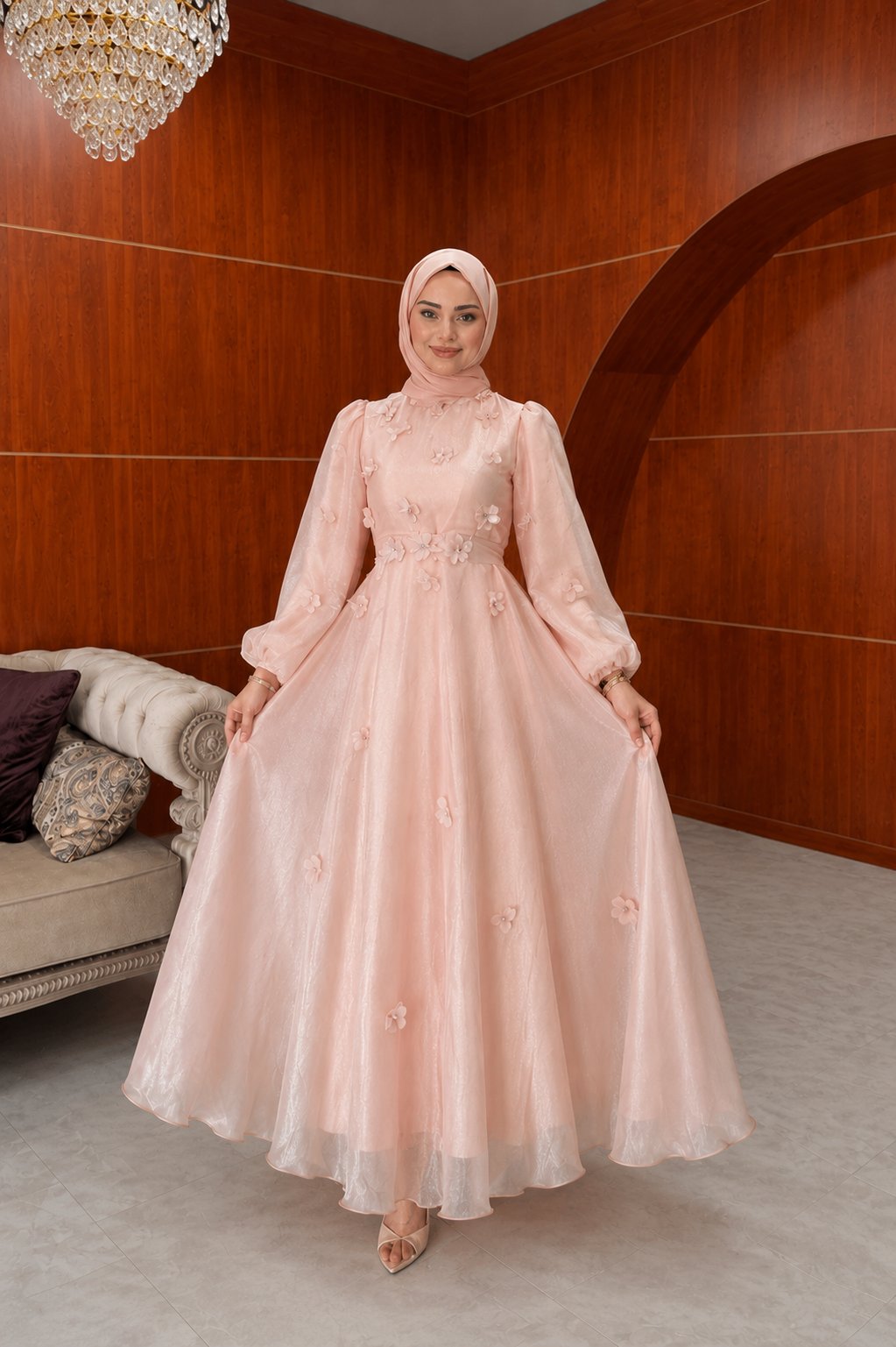 Chloe Floral Applique Organza Maxi Dress-Pink