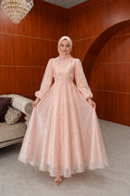 Chloe Floral Applique Organza Maxi Dress-Pink