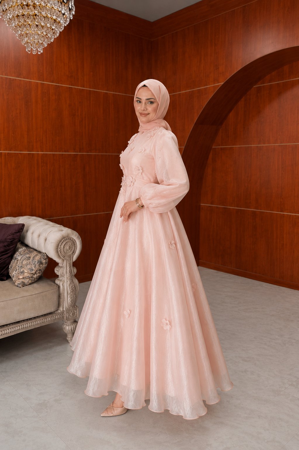 Chloe Floral Applique Organza Maxi Dress-Pink