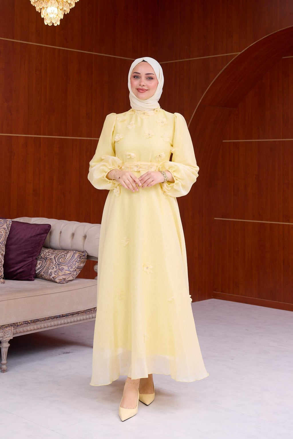 Chloe Floral Applique Organza Maxi Dress-Yellow