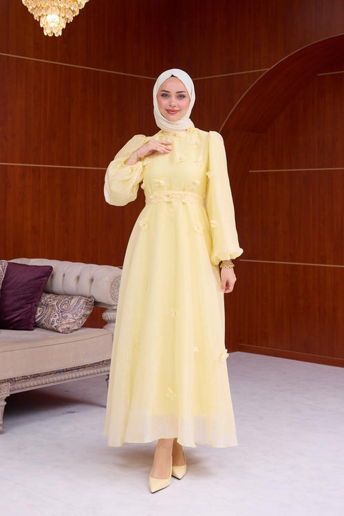 Chloe Floral Applique Organza Maxi Dress-Yellow