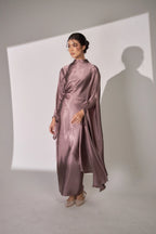 Nurul High Neck Twist Wrap Satin Abaya-Pink
