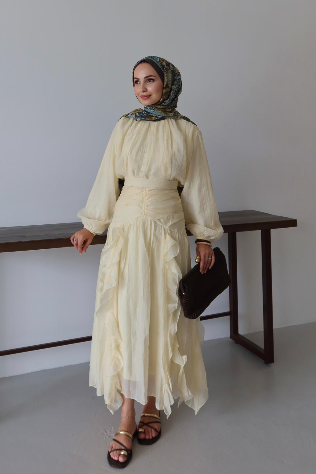 Gathered Bodice Ruched Waistband Maxi Dress