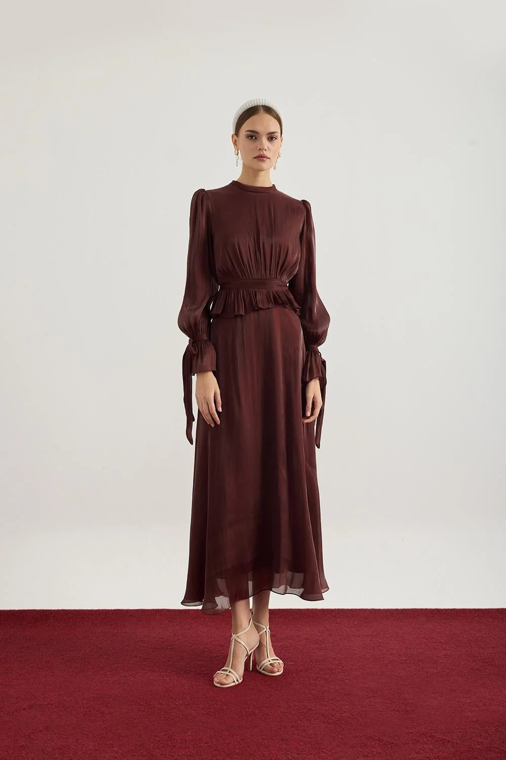 Maya Ruched Peplum Tie Cuff Set-Brown