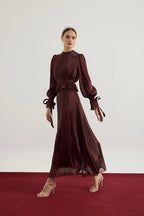 Maya Ruched Peplum Tie Cuff Set-Brown