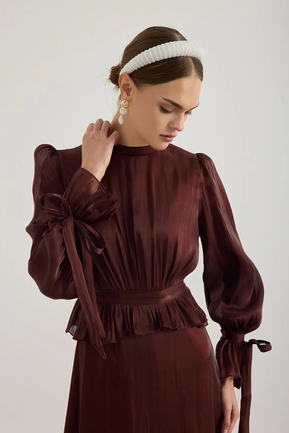 Maya Ruched Peplum Tie Cuff Set-Brown