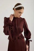 Maya Ruched Peplum Tie Cuff Set-Brown