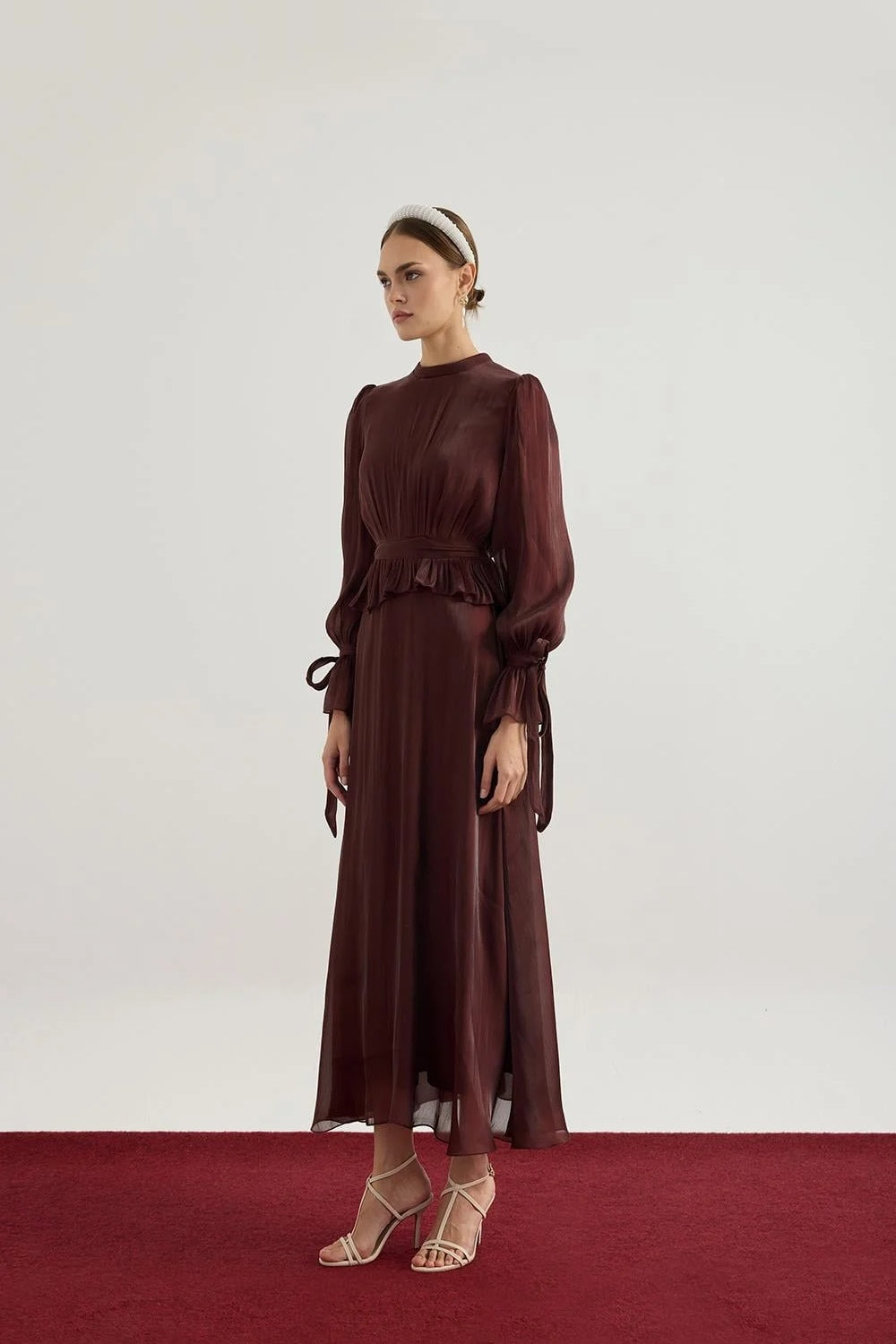 Maya Ruched Peplum Tie Cuff Set-Brown