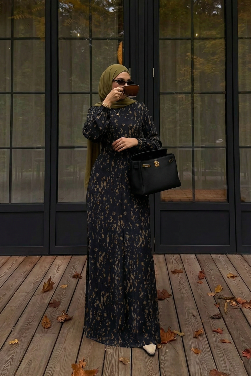 Qamar Long Sleeve Maxi Dress-Black