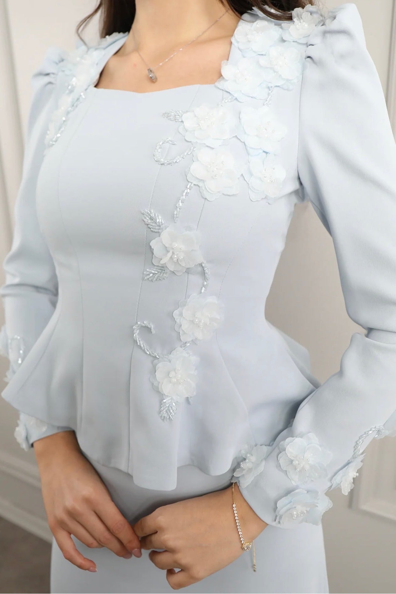 Hana 3D Floral Peplum Two Piece Suit-Blue