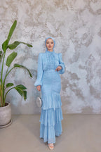 Mia Ruffle Neck Ruched Tiered Midi Dress-Blue