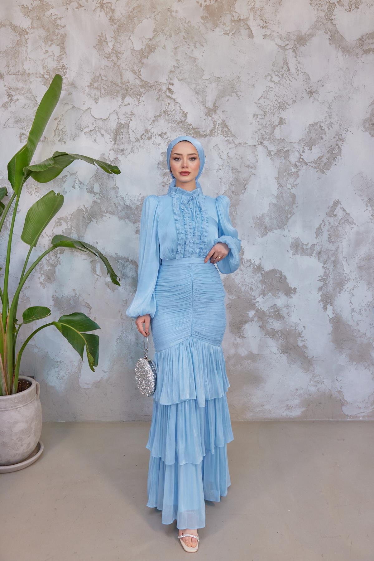 Mia Ruffle Neck Ruched Tiered Midi Dress-Blue