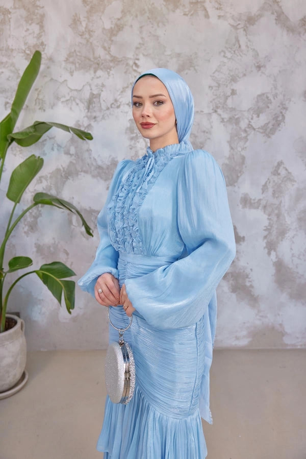 Mia Ruffle Neck Ruched Tiered Midi Dress-Blue