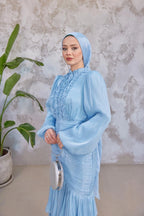 Mia Ruffle Neck Ruched Tiered Midi Dress-Blue