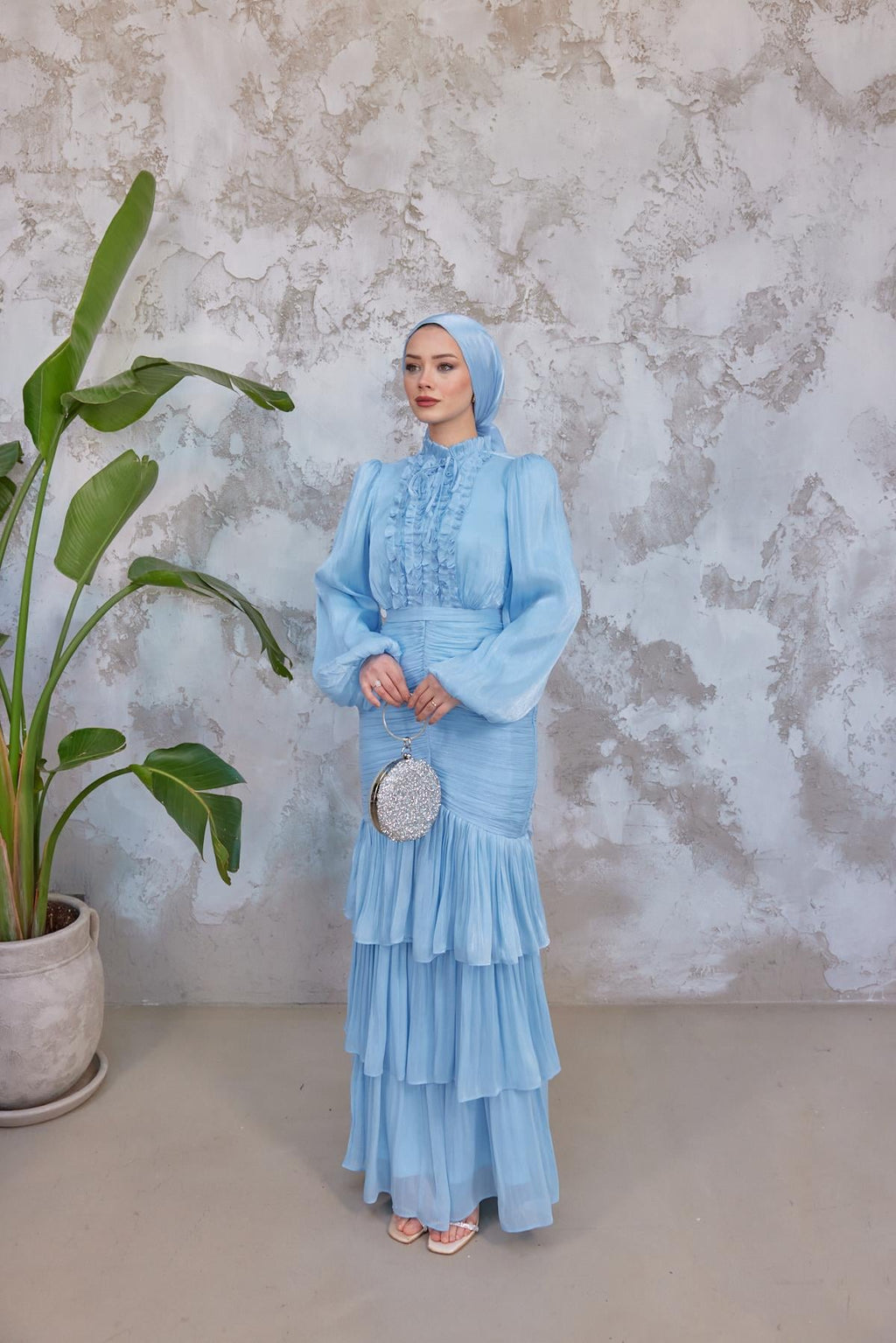 Mia Ruffle Neck Ruched Tiered Midi Dress-Blue