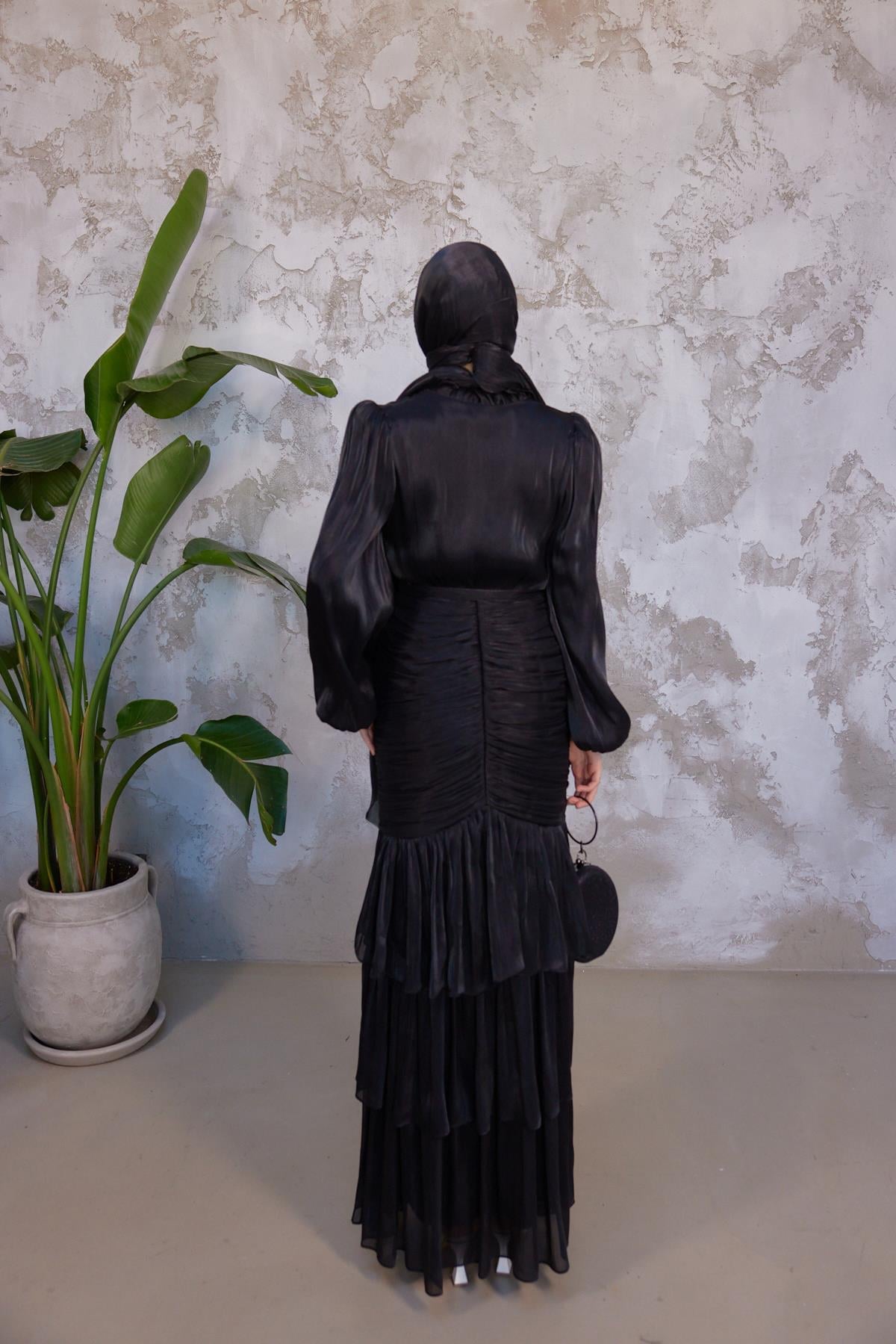 Mia Ruffle Neck Ruched Tiered Midi Dress-Black