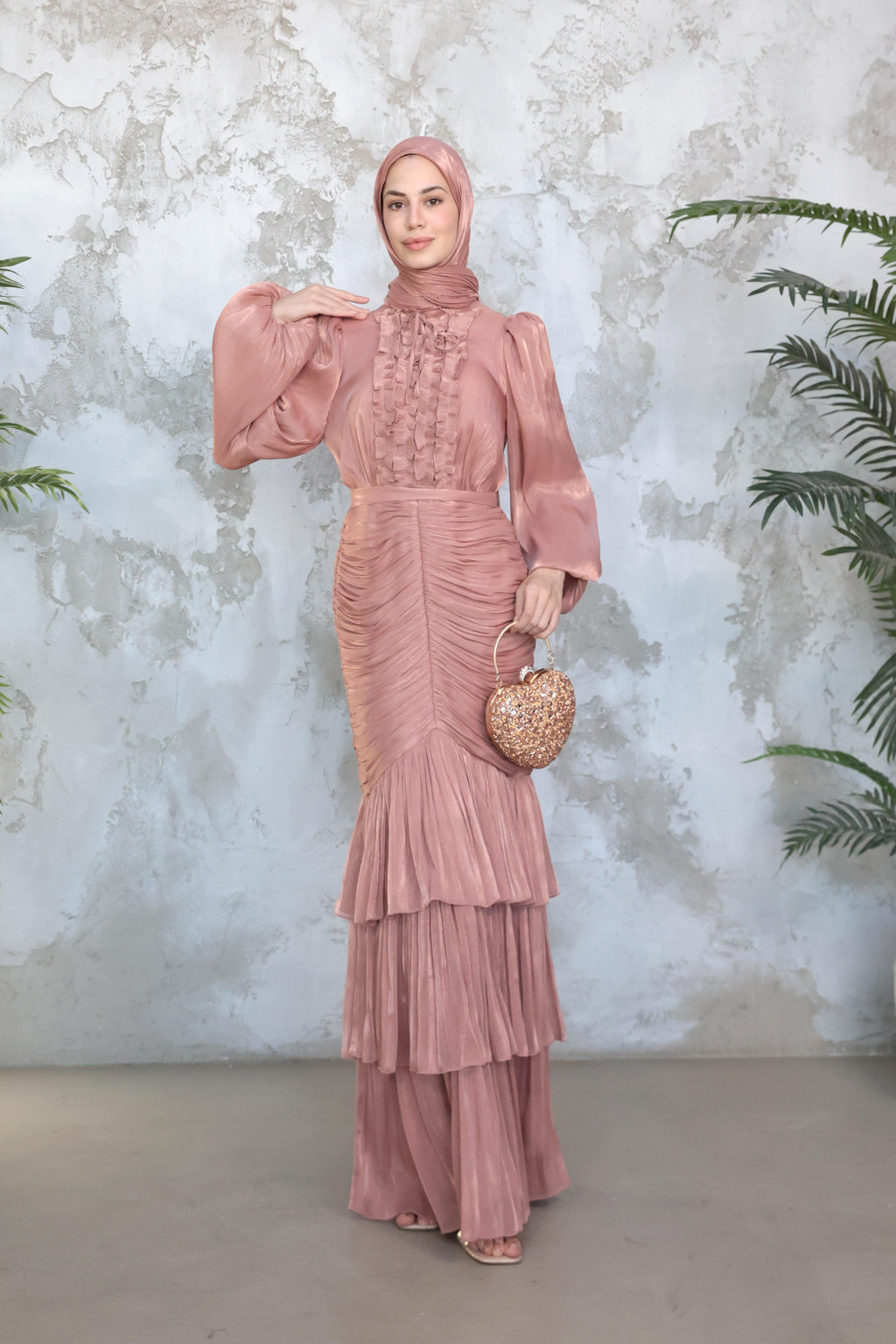 Mia Ruffle Neck Ruched Tiered Midi Dress-Pink