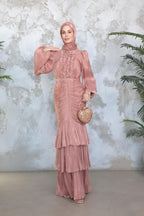Mia Ruffle Neck Ruched Tiered Midi Dress-Pink