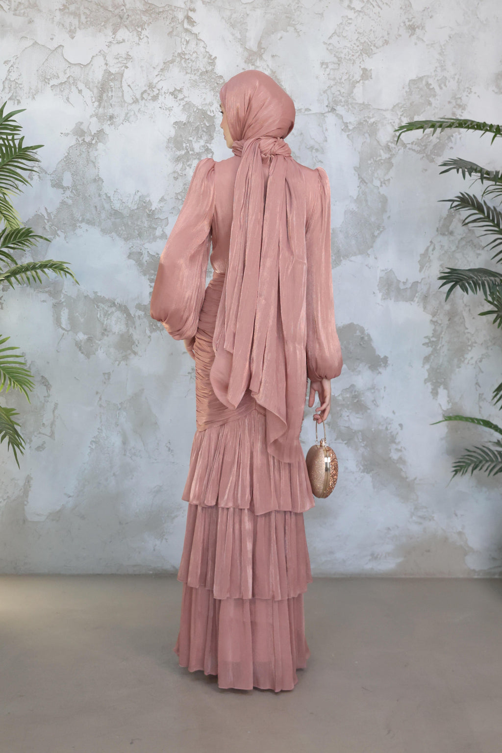 Mia Ruffle Neck Ruched Tiered Midi Dress-Pink