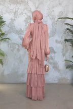 Mia Ruffle Neck Ruched Tiered Midi Dress-Pink