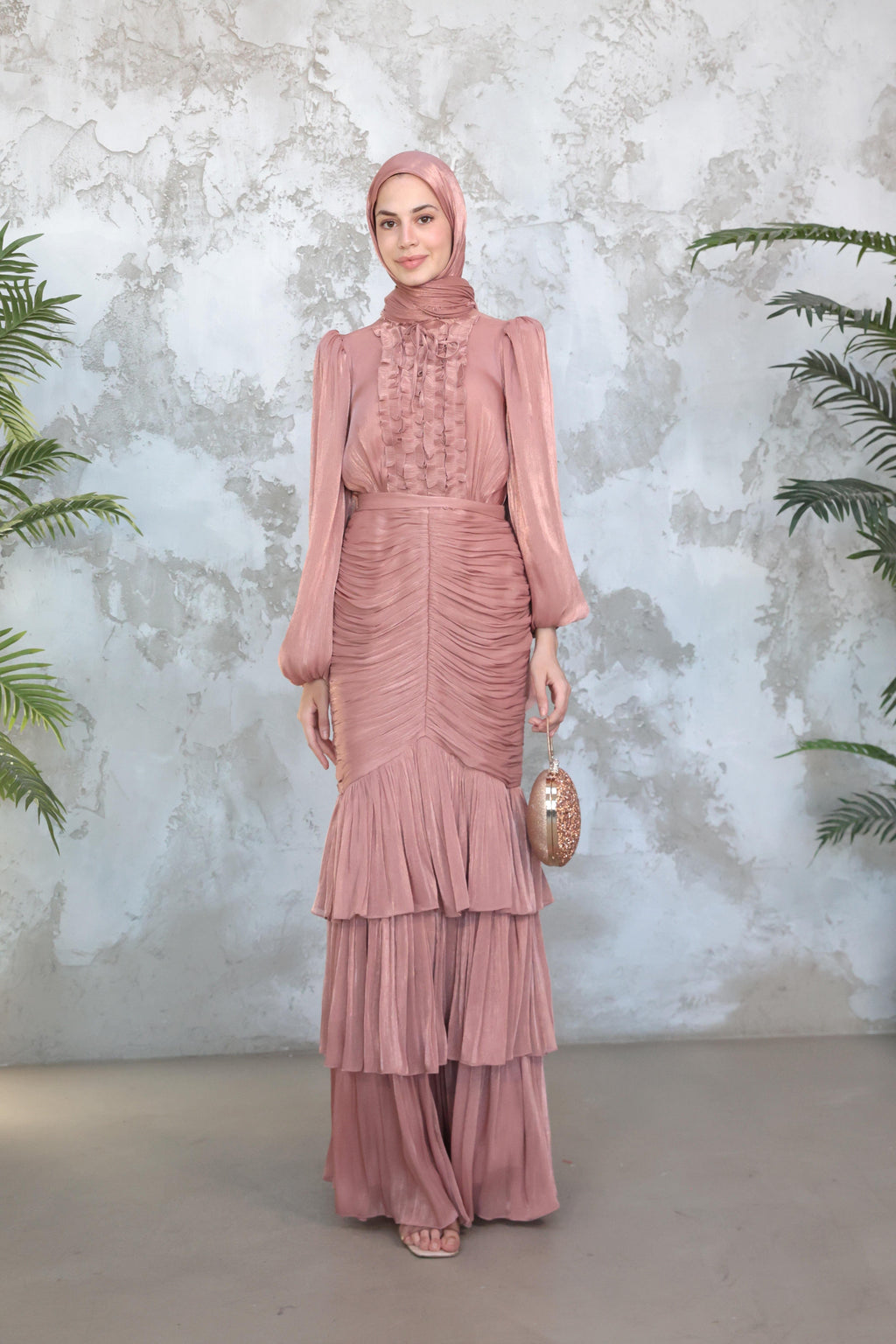 Mia Ruffle Neck Ruched Tiered Midi Dress-Pink