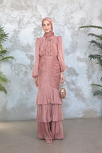 Mia Ruffle Neck Ruched Tiered Midi Dress-Pink