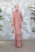 Mia Ruffle Neck Ruched Tiered Midi Dress-Pink