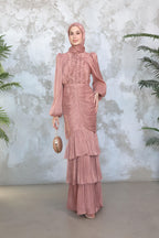 Mia Ruffle Neck Ruched Tiered Midi Dress-Pink