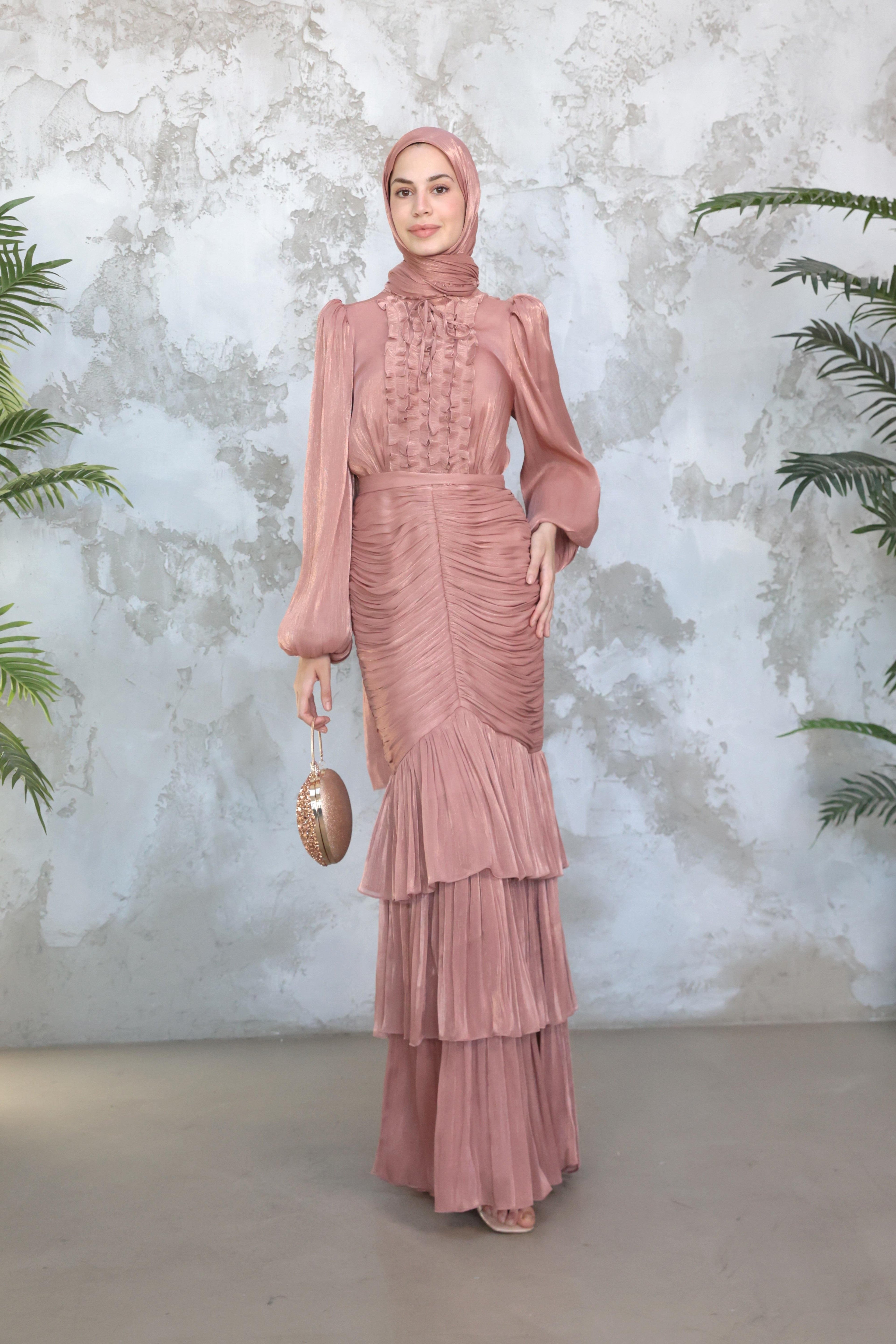 Mia Ruffle Neck Ruched Tiered Midi Dress-Pink