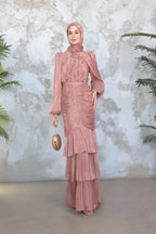 Mia Ruffle Neck Ruched Tiered Midi Dress-Pink