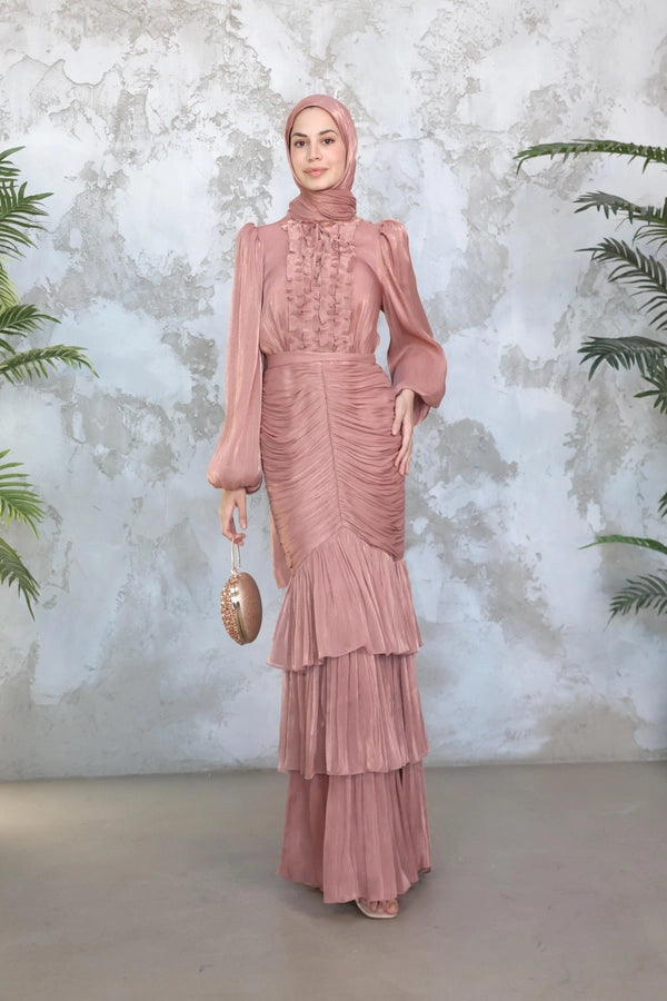 Mia Ruffle Neck Ruched Tiered Midi Dress-Pink