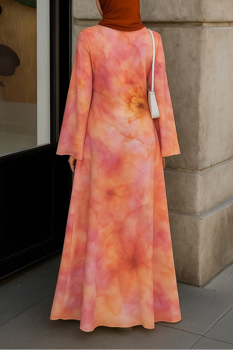 Yara Watercolor Ruffle Flare Maxi Dress-Orange