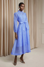 Rhinestone Sheer Tie Midi Dress-Blue