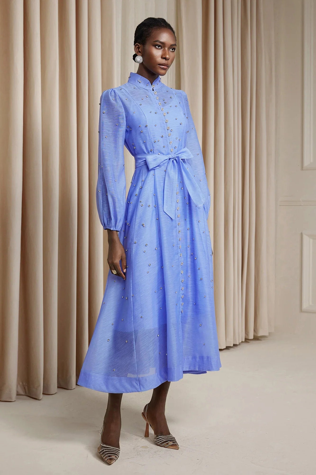 Rhinestone Sheer Tie Midi Dress-Blue