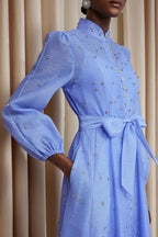 Rhinestone Sheer Tie Midi Dress-Blue