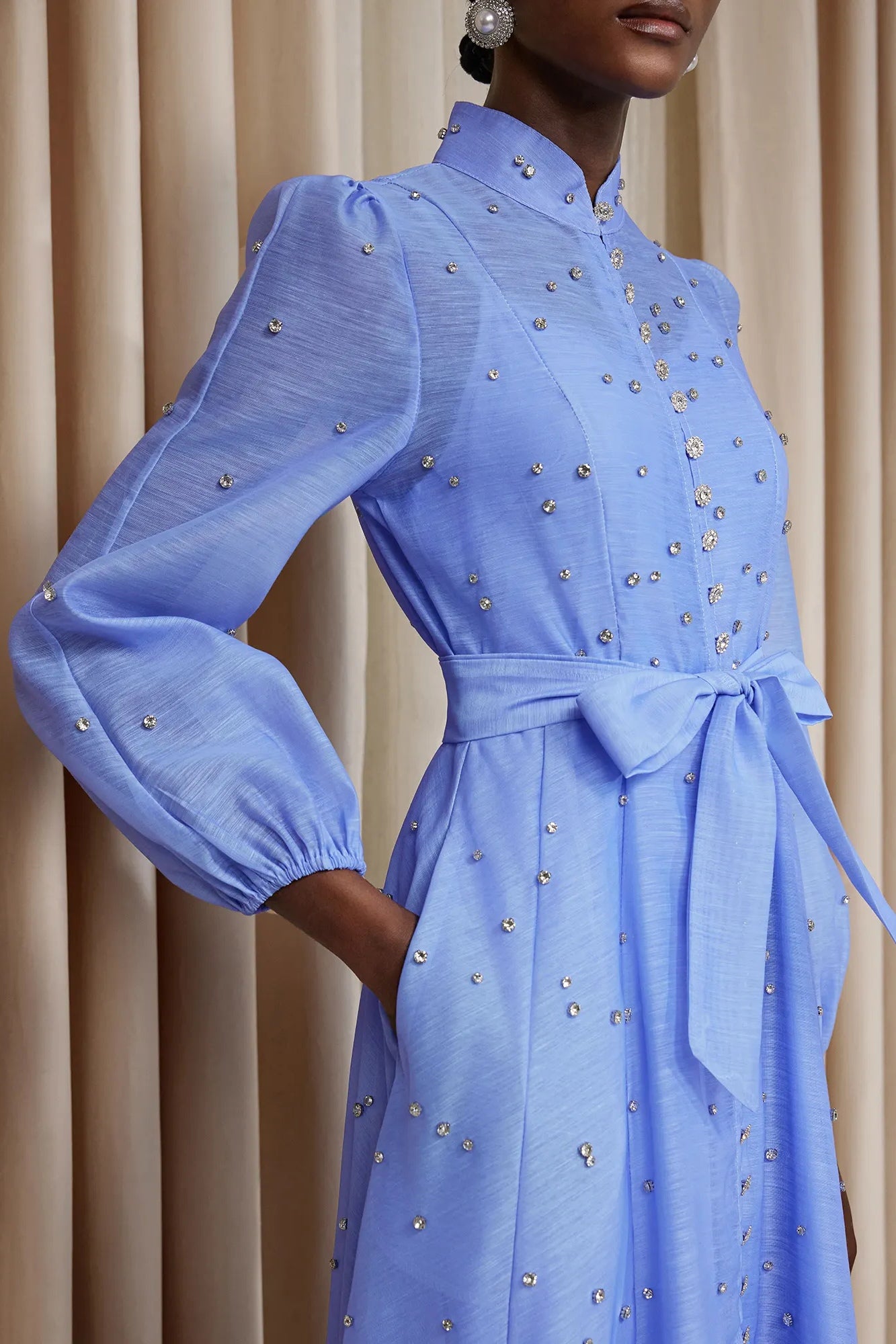 Rhinestone Sheer Tie Midi Dress-Blue