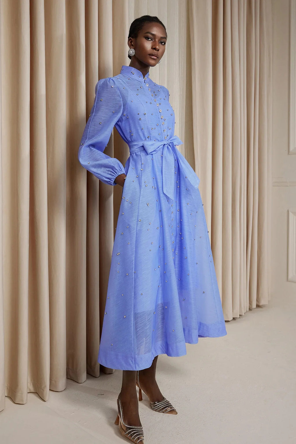 Rhinestone Sheer Tie Midi Dress-Blue