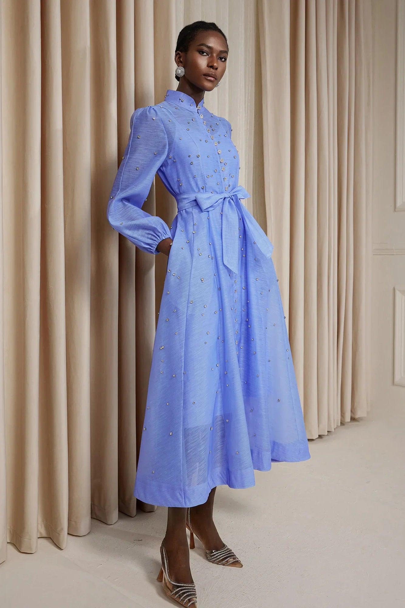 Rhinestone Sheer Tie Midi Dress-Blue
