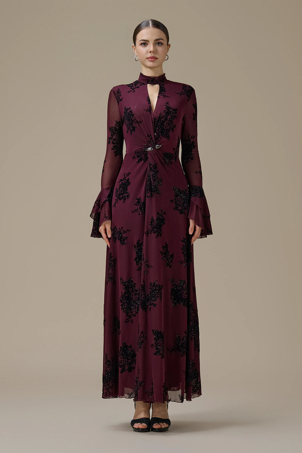 Kaia Twist Front Flare Sleeve Maxi-Wine