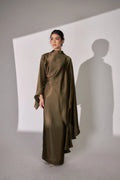 Nurul High Neck Twist Wrap Satin Abaya-Green