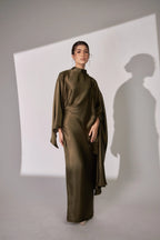 Nurul High Neck Twist Wrap Satin Abaya-Green