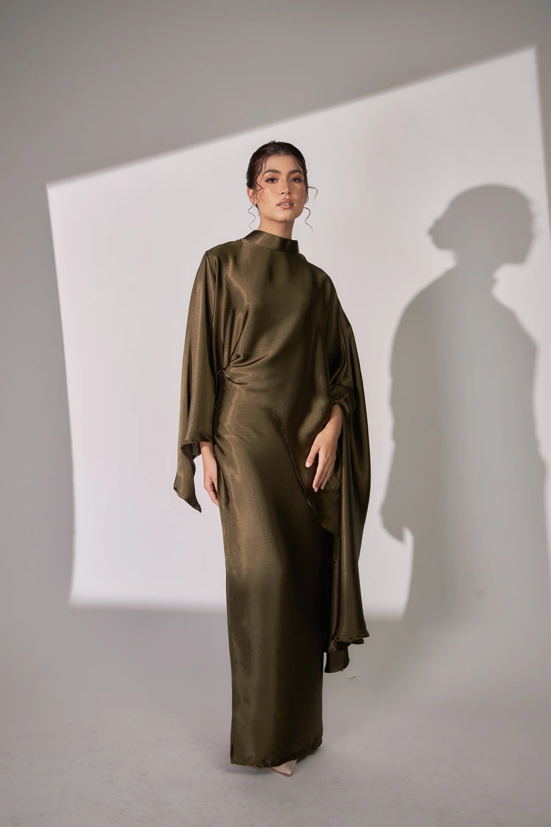 Nurul High Neck Twist Wrap Satin Abaya-Green