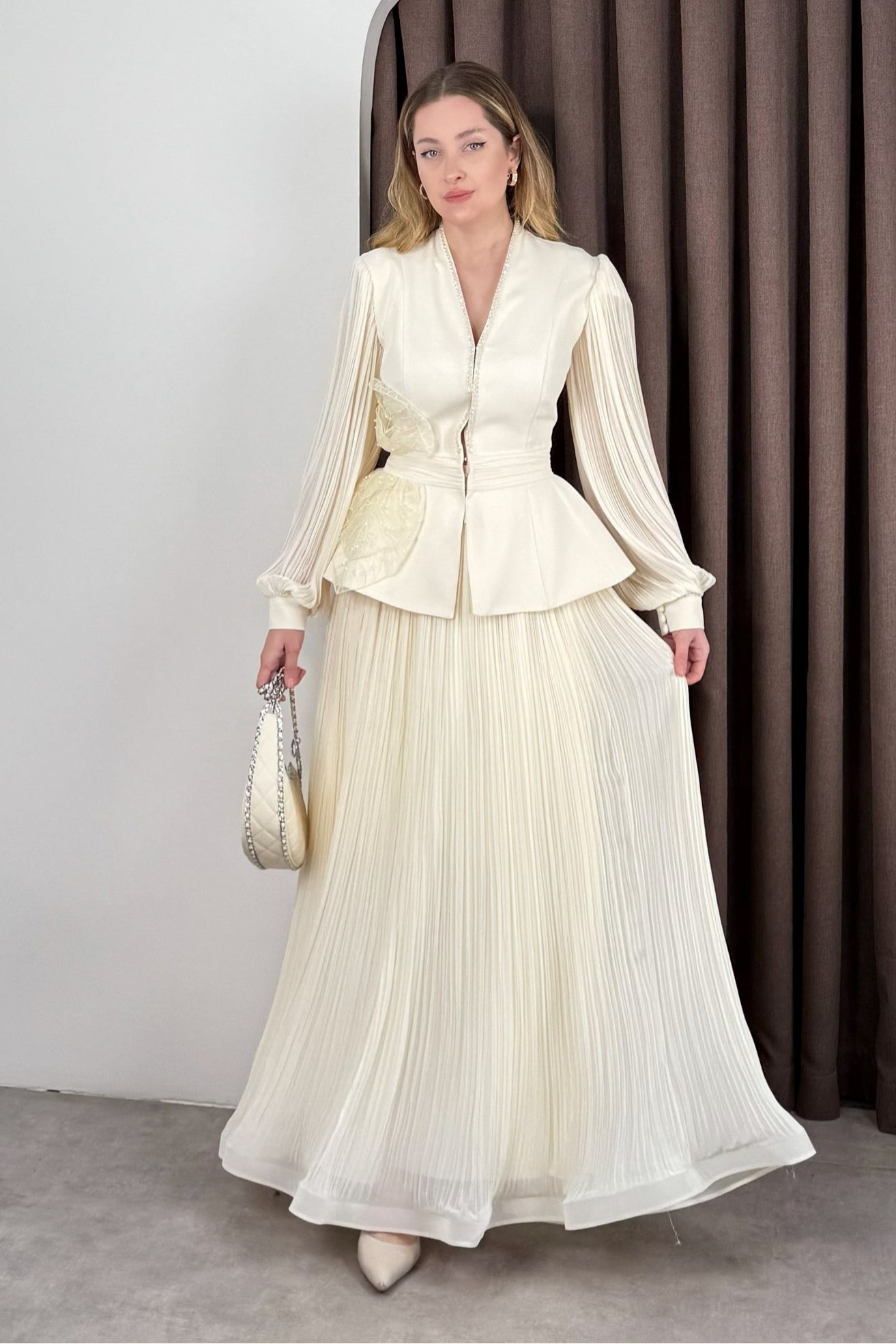 Elena Peplum Pleated Skirt Two Piece Set-Apricot
