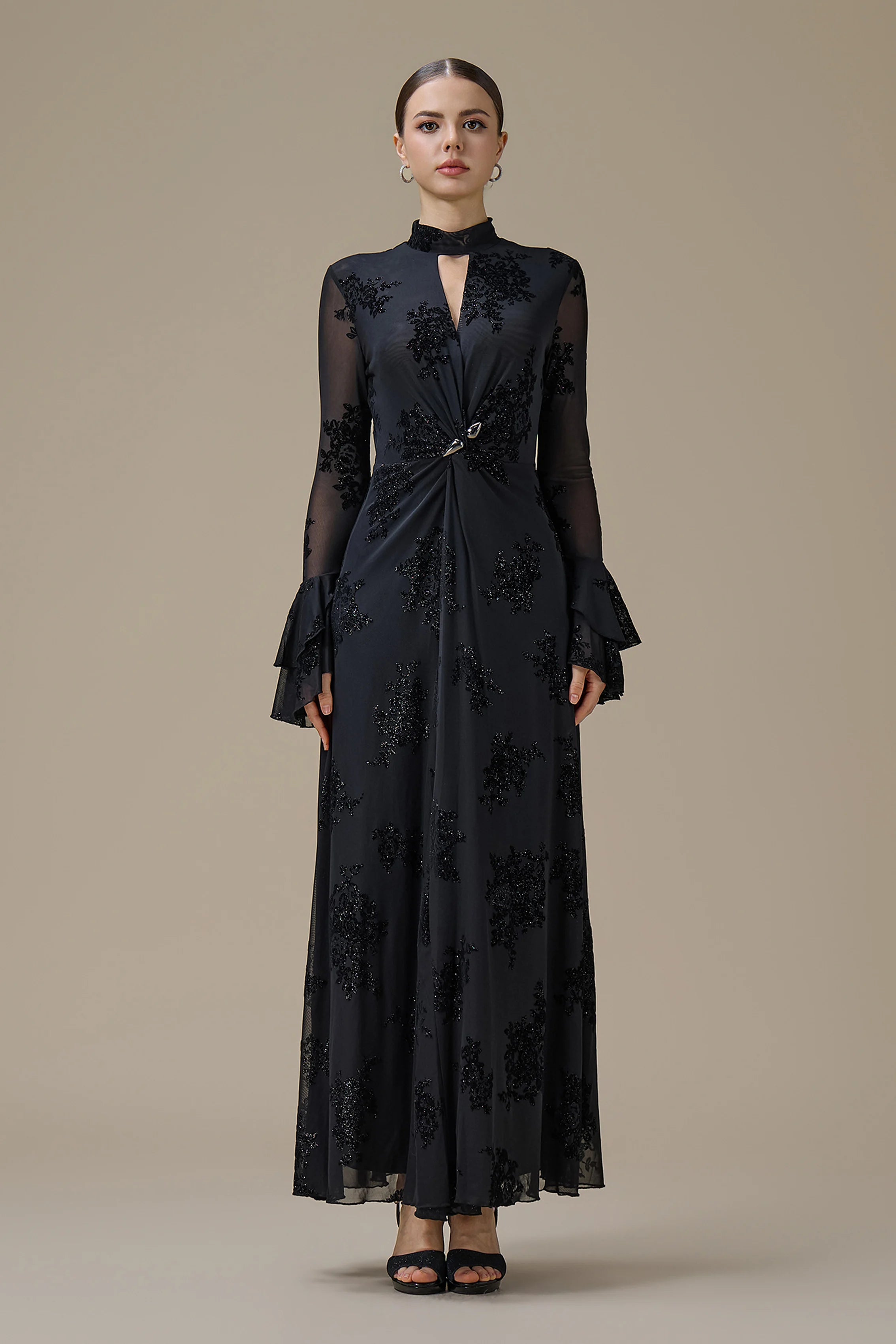 Kaia Twist Front Flare Sleeve Maxi-Black