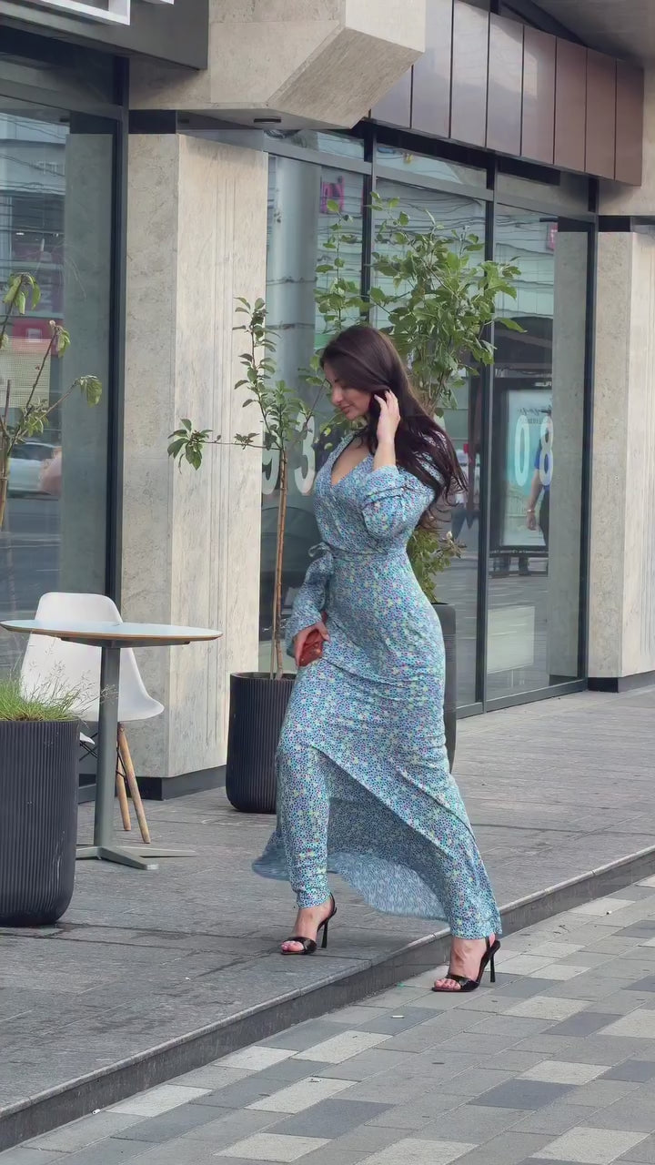 Karimah Wrap‑V Flare‑Sleeve Floral Maxi Dress
